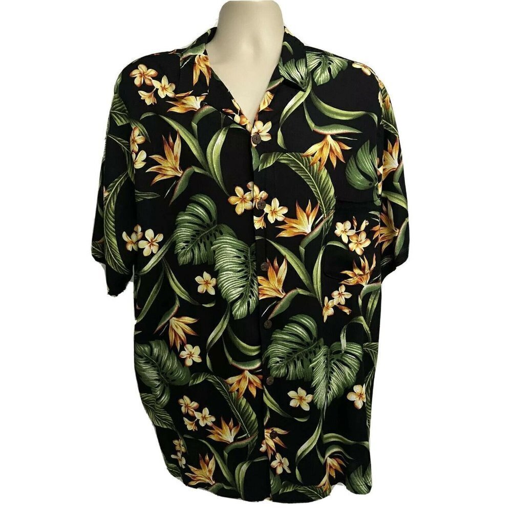 Vintage Aloha Hut Hawaiian Black Floral Button Front Shirt 2X Pocket Lightweight
